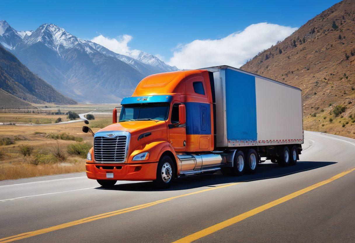 A dynamic scene of a confident truck driver standing proudly next to a powerful freight truck on a winding highway. The backdrop features mountains and clear blue skies, symbolizing freedom and adventure. Various freight items are scattered around, showcasing the diverse challenges faced in the trucking industry. The driver's expression is one of determination and readiness, embodying the essence of 'Trucking Unchained'. vibrant colors. super-realistic.