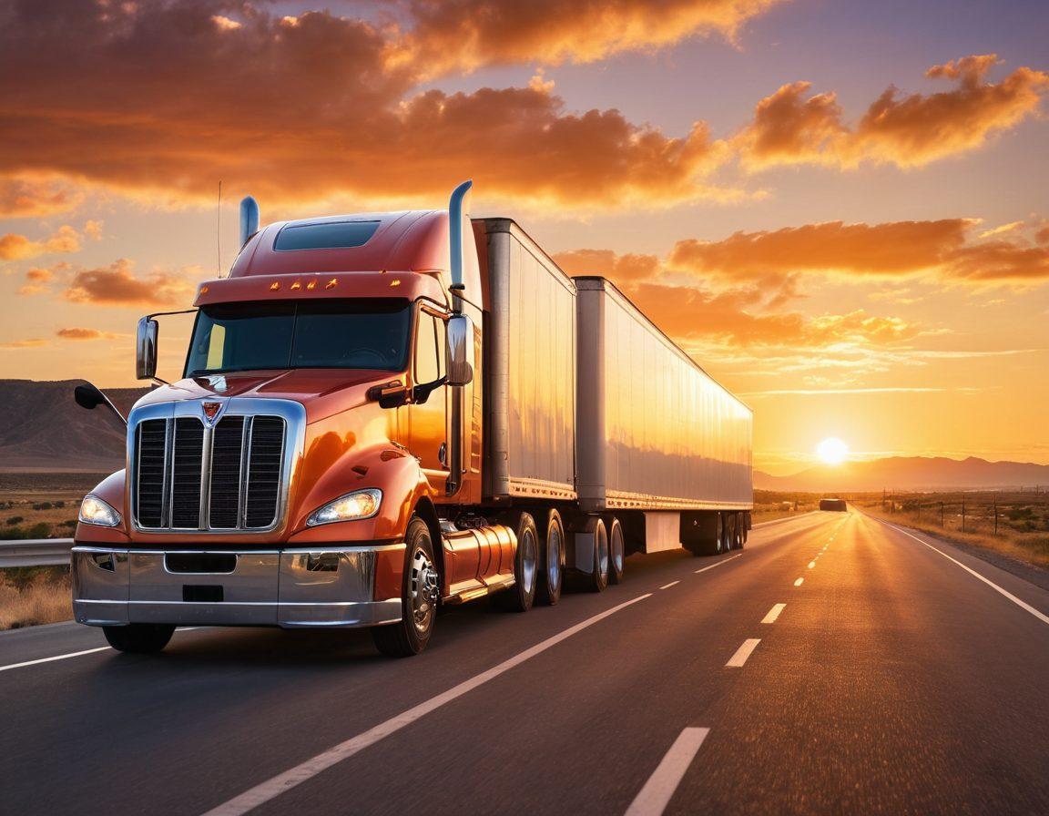 A confident truck driver standing proudly next to a shiny semi-truck on an open road, with a sunset illuminating the horizon and symbolizing new beginnings. In the background, a winding road leads towards a distant city skyline, representing growth and opportunity in the trucking industry. Elements of mentorship and determination can be depicted through visual cues like a map or documents in the driver's hand. super-realistic. vibrant colors. warm lighting.