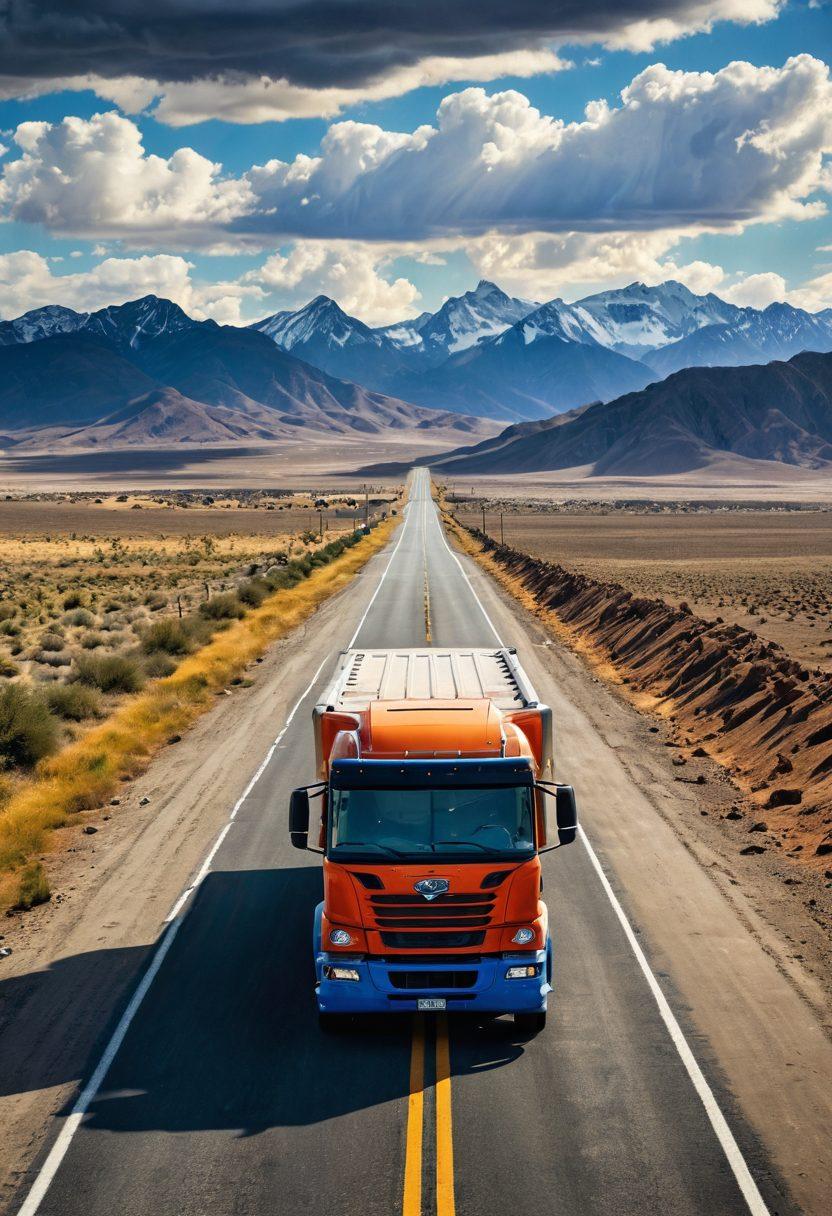 A rugged, heavily-loaded truck driving along a deserted highway surrounded by expansive landscapes, symbolizing freedom and independence in freight transportation. The scene should convey a sense of adventure and success, featuring dramatic skies, distant mountains, and hints of bustling city life in the background. Include diverse elements like a road sign for 'Success' and motivational slogans subtly integrated into the scenery. vivid colors. super-realistic. dynamic perspective.